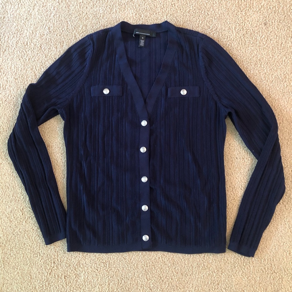 White House Black Market Old Money style Navy Ribbed V-Neck Cardigan
